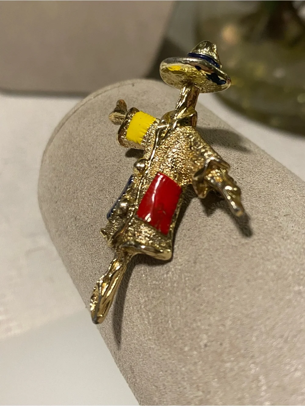 Sarah Coventry “Patches” Scarecrow Pin with Red, Blue & Yellow Enamel 1969